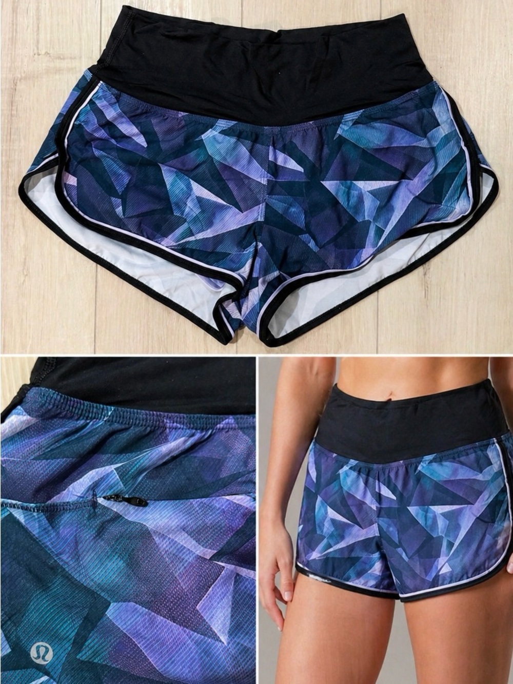 lululemon athletica Black Waistband Blue-Purple Geometric Running Shorts